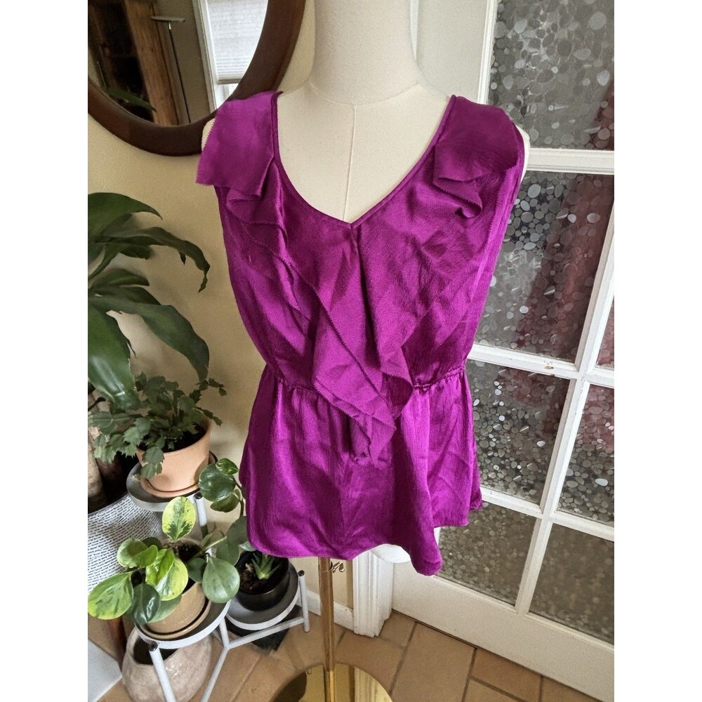 Rebecca Taylor Silk Top Sz 8 Purple Fuchsia Ruffle Front Romantic Chic